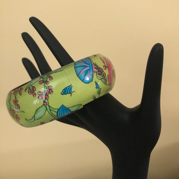 Vtg Lucite Bangle Bright Green Floral Wide Heavy - Picture 3 of 10